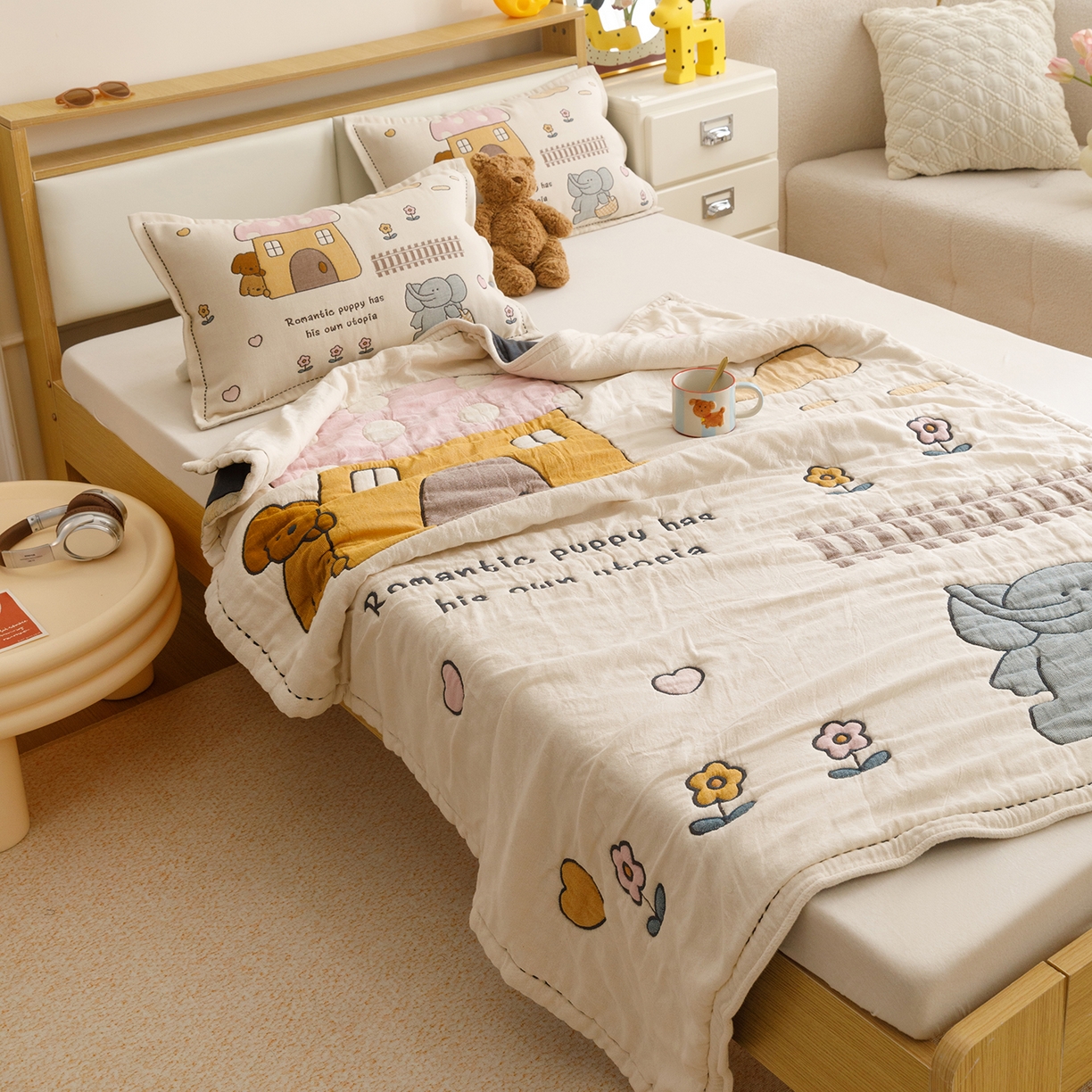 91家纺网 家纺一手货源 找家纺 悦然毛巾被 2026新款全棉纱布儿童泡泡被夏被盖毯  象伴伙伴