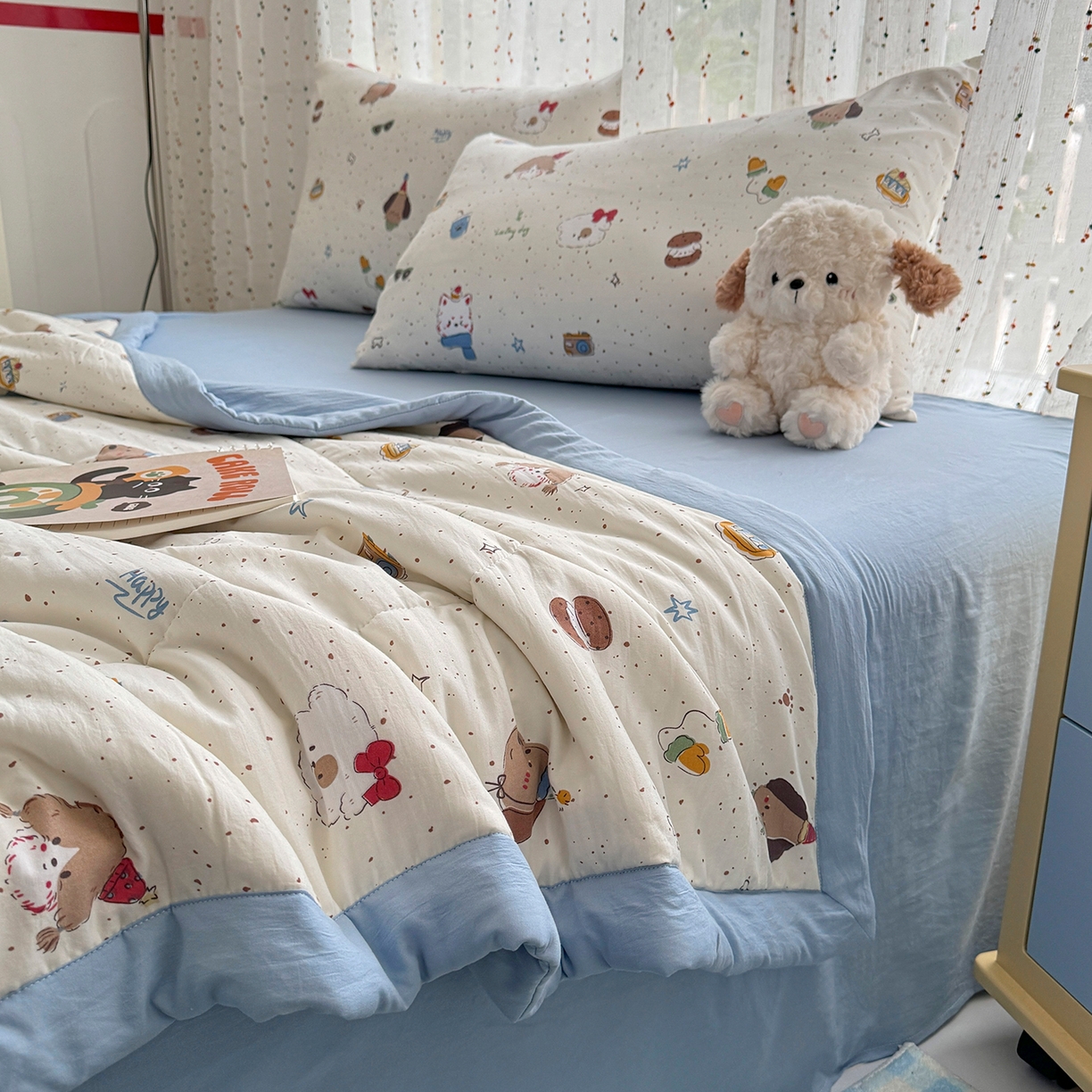 91家纺网 家纺一手货源 找家纺 尊妙被业 2026新款水洗棉棉花夏被100%新疆棉花填充包检测 萌趣小狗