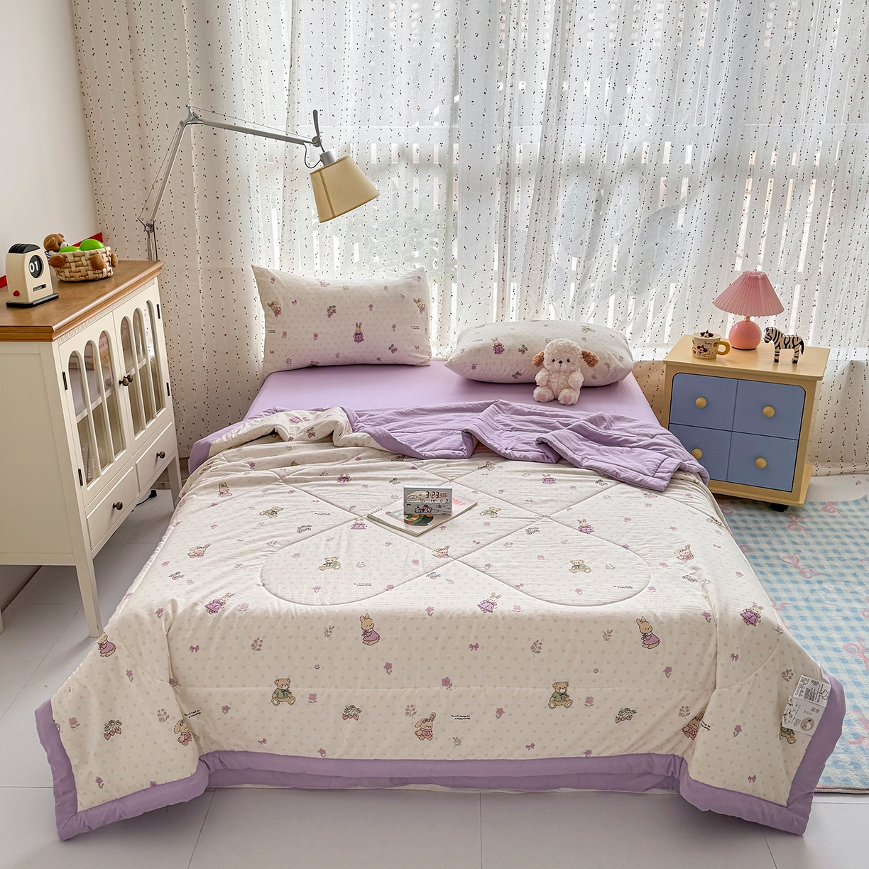 91家纺网 家纺一手货源 找家纺 尊妙被业 2026新款水洗棉棉花夏被100%新疆棉花填充包检测 萌兔小熊