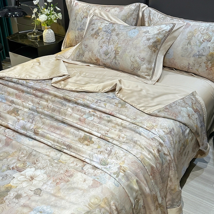 91家纺网 家纺一手货源 找家纺 欧夏家纺 2026新款兰精天丝数码印花镂空夏被空调被夏凉被薄被子可机洗 流金溢彩