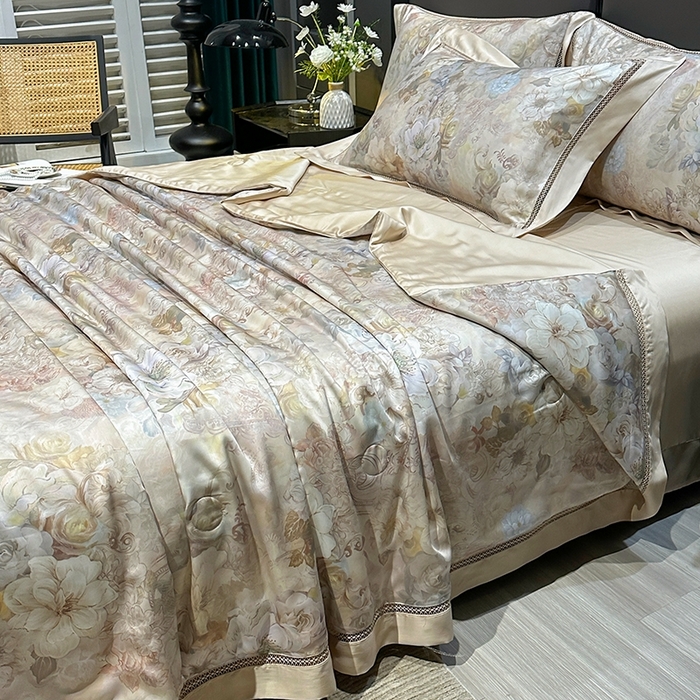 91家纺网 家纺一手货源 找家纺 欧夏家纺 2026新款兰精天丝数码印花镂空夏被空调被夏凉被薄被子可机洗 流金溢彩