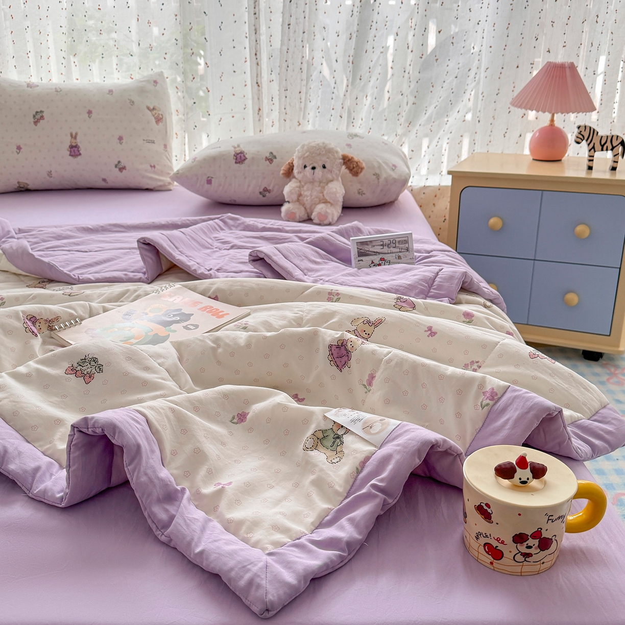 91家纺网 家纺一手货源 找家纺 尊妙被业 2026新款水洗棉棉花夏被100%新疆棉花填充包检测 萌兔小熊