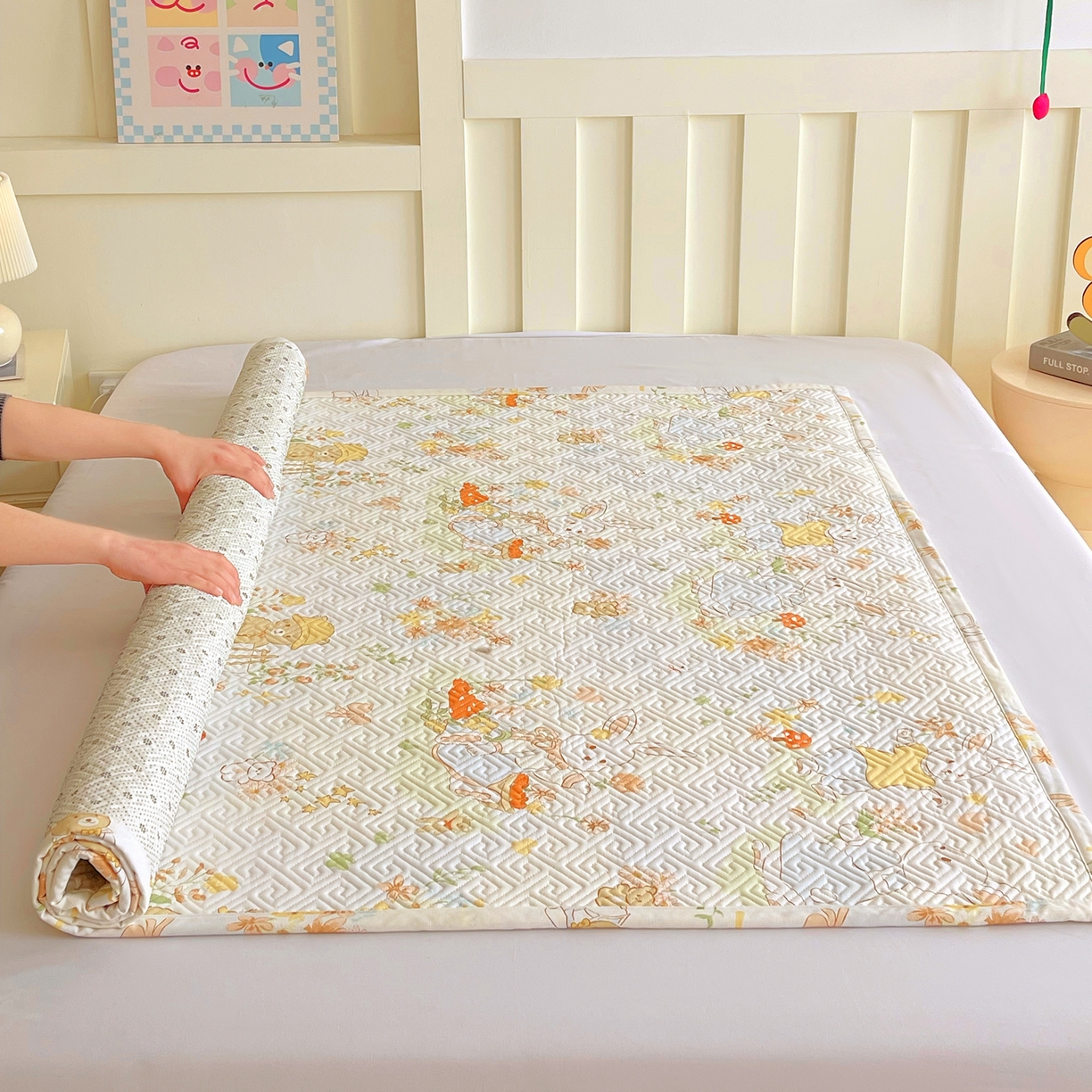 91家纺网 家纺一手货源 找家纺 金鑫汇家纺 2026春夏新款成人床新花型老粗布夹棉床盖软凉席席子可以机洗 春日童话