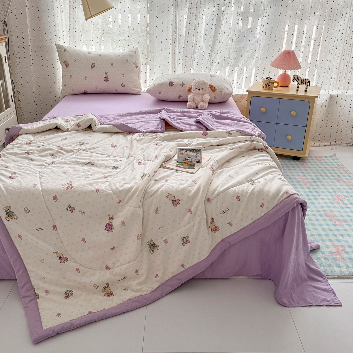 91家纺网 家纺一手货源 找家纺 尊妙被业 2026新款水洗棉棉花夏被100%新疆棉花填充包检测 萌兔小熊