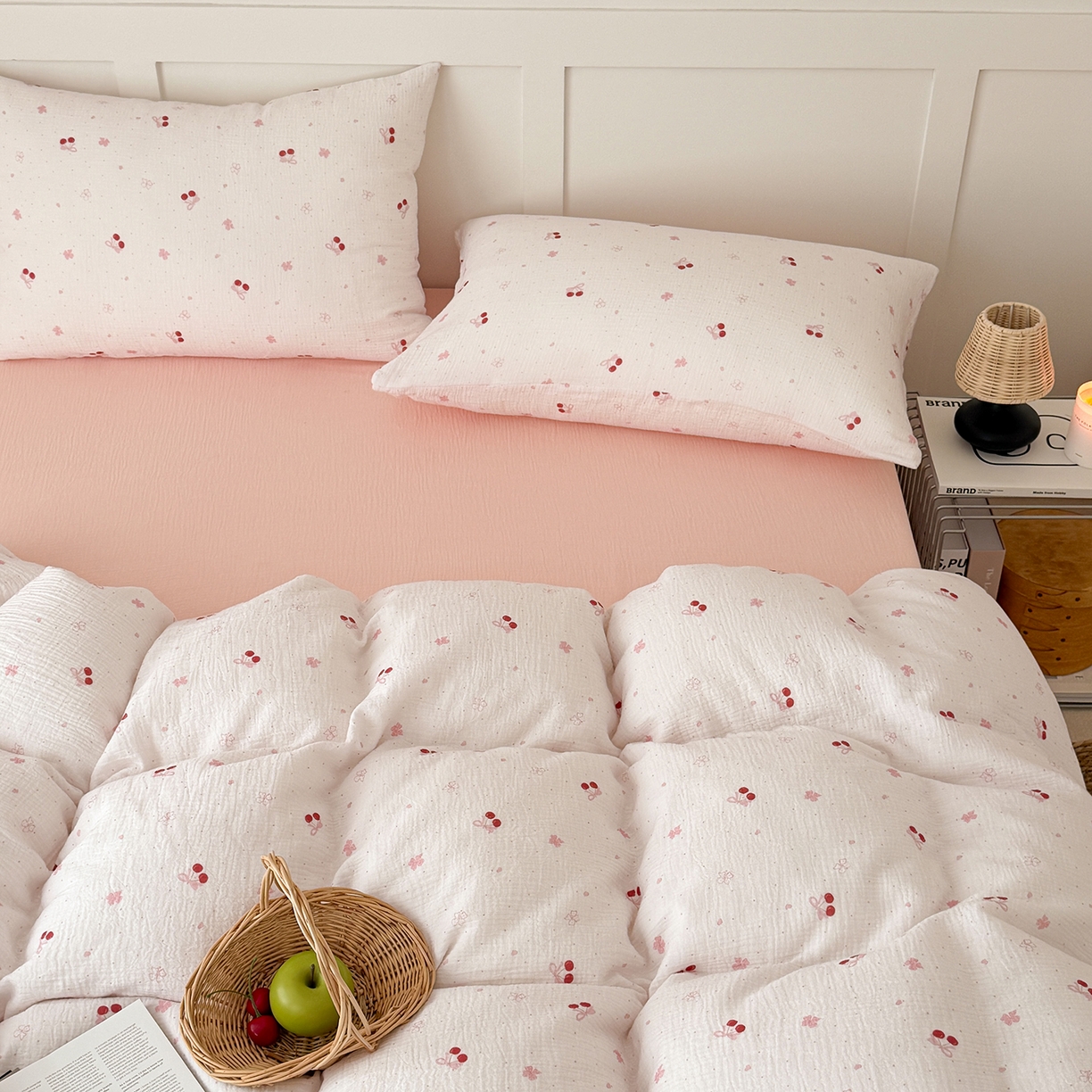 玖弘家居 2026新款糖果印花色系皱皱纱四件套系列 粉樱浅印+蜜粉（粉樱浅印一对）