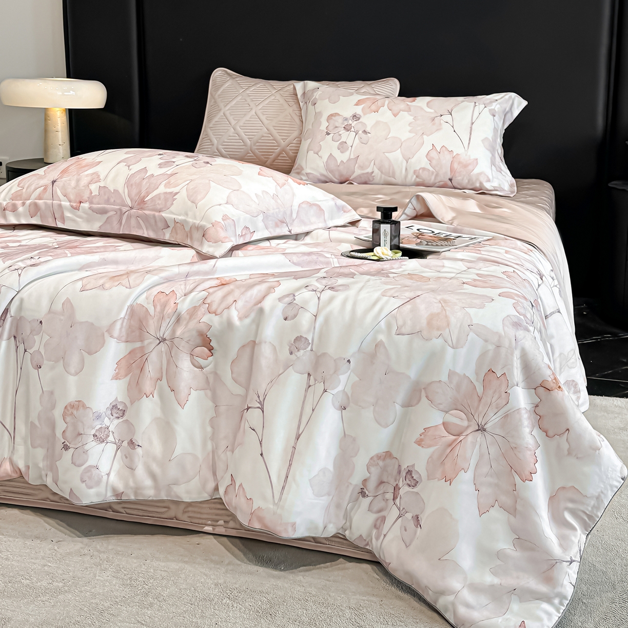 91家纺网 家纺一手货源 找家纺 吾诺家居 2026春夏新款数码印花莱赛尔天丝夏被夏凉被空调被-天印系列 相思叶