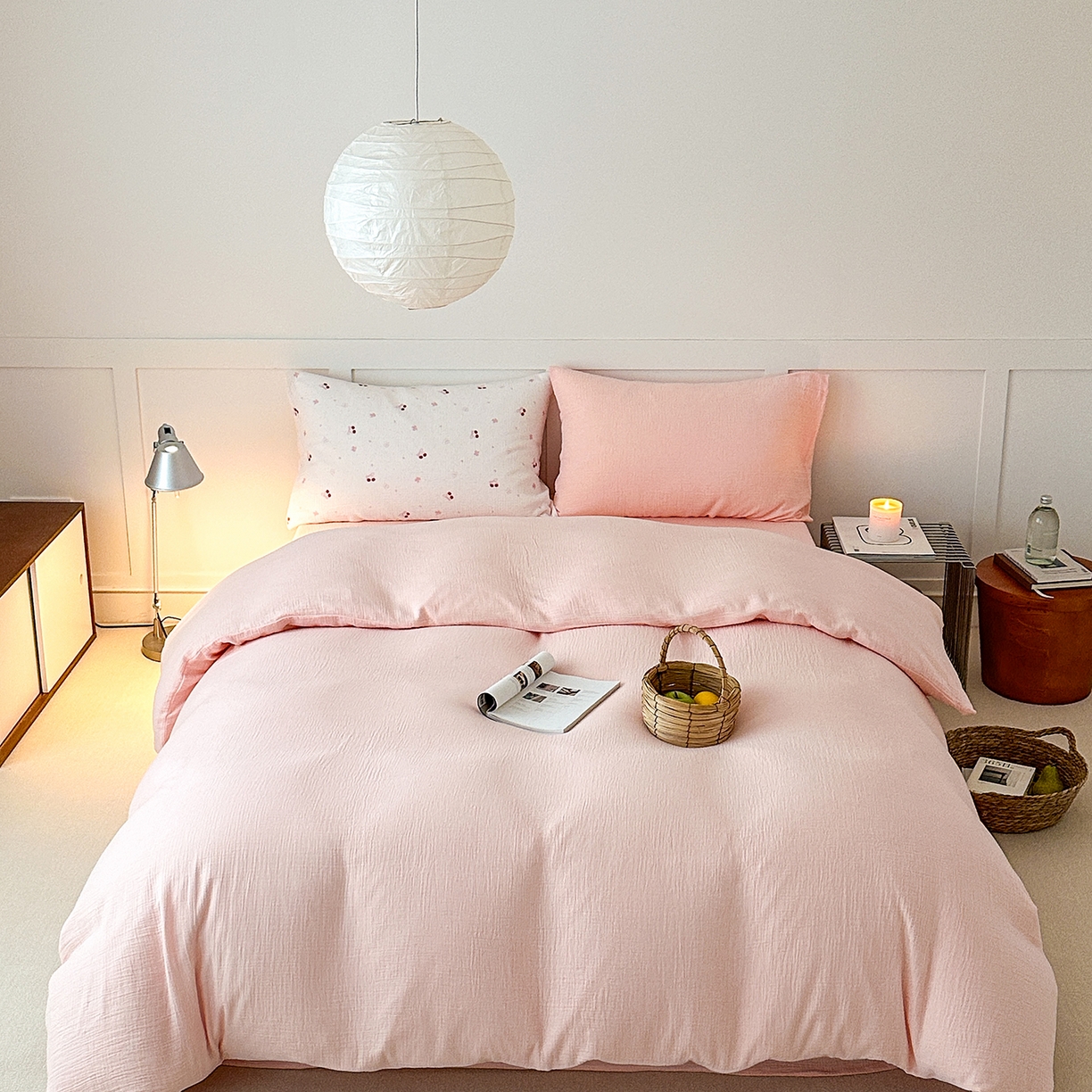 91家纺网 家纺一手货源 找家纺 玖弘家居 2026新款糖果印花色系皱皱纱四件套系列 蜜粉（蜜粉+粉樱浅印）