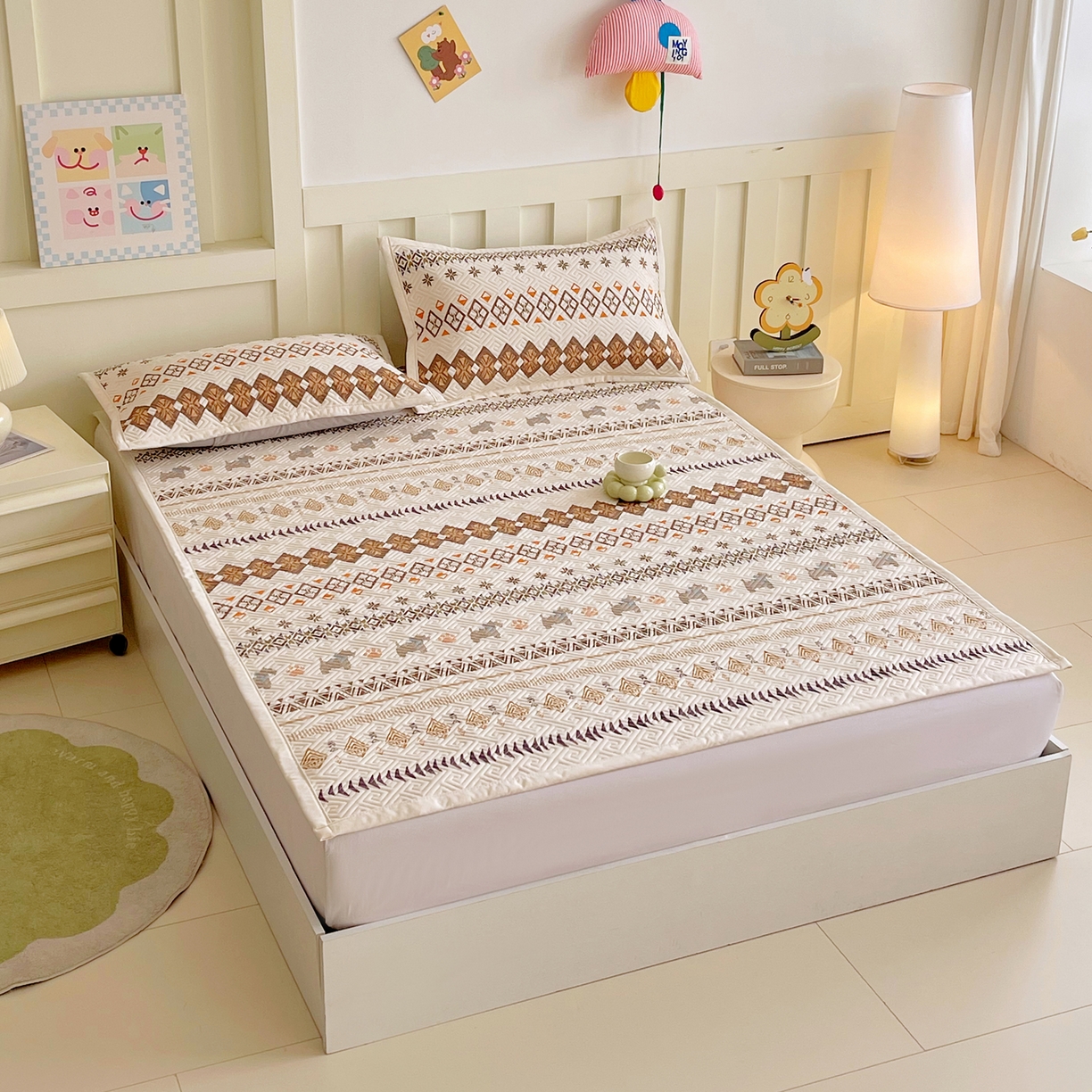 91家纺网 家纺一手货源 找家纺 金鑫汇家纺 2026春夏新款成人床新花型老粗布夹棉床盖软凉席席子可以机洗 安夏-咖