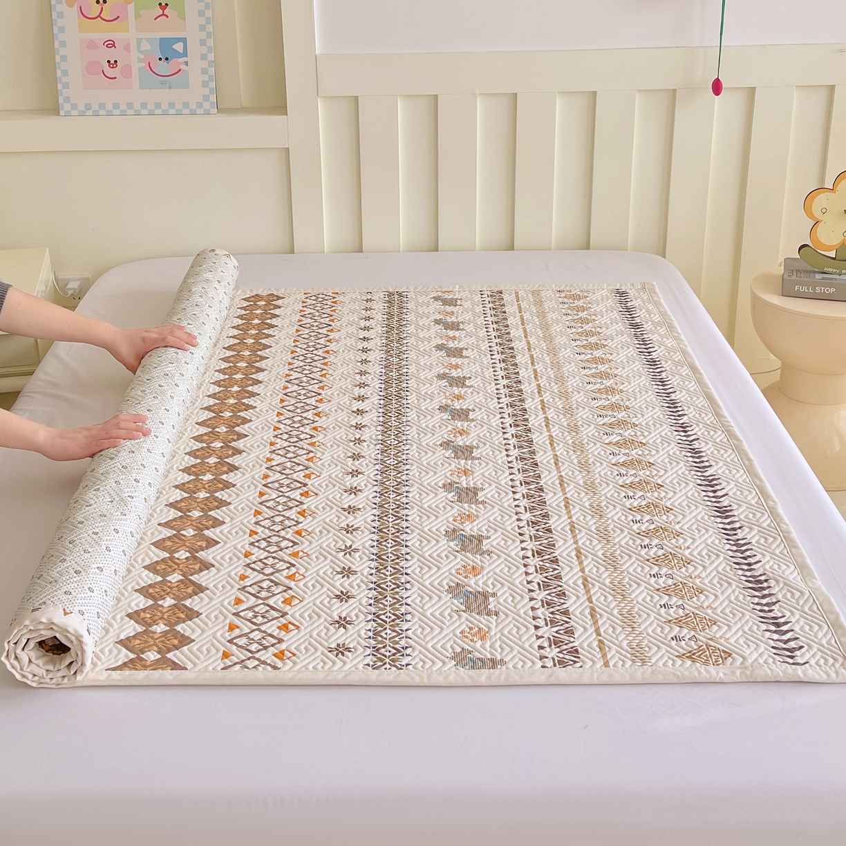 91家纺网 家纺一手货源 找家纺 金鑫汇家纺 2026春夏新款成人床新花型老粗布夹棉床盖软凉席席子可以机洗 安夏-咖