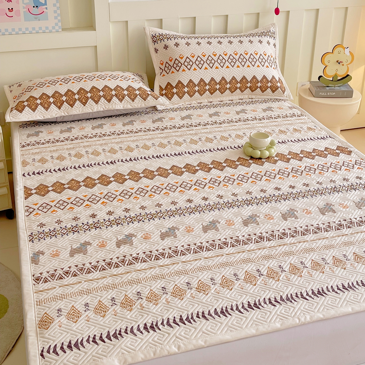 91家纺网 家纺一手货源 找家纺 金鑫汇家纺 2026春夏新款成人床新花型老粗布夹棉床盖软凉席席子可以机洗 安夏-咖