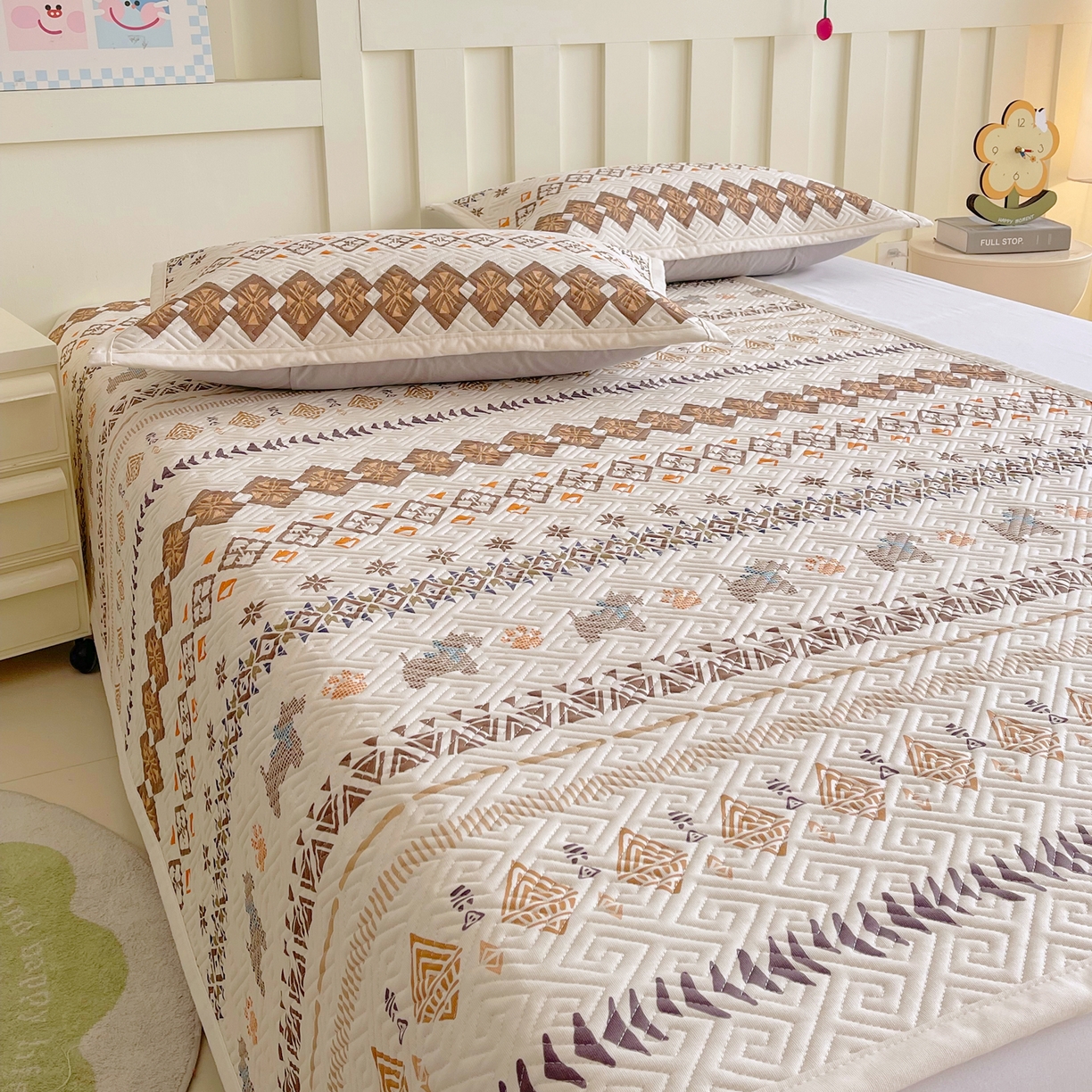 91家纺网 家纺一手货源 找家纺 金鑫汇家纺 2026春夏新款成人床新花型老粗布夹棉床盖软凉席席子可以机洗 安夏-咖