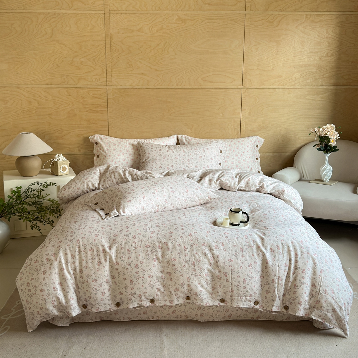 （总）芯丝路枕业 2026新款印花双层纱纽扣款四件套