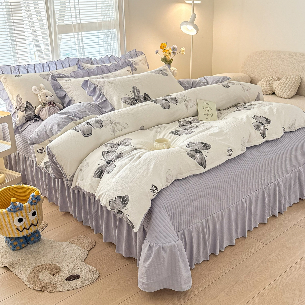 91家纺网 家纺一手货源 找家纺 畅畅家纺 2026新款春夏小清新泡芙双层纱床盖款四件套 蝴蝶飞舞