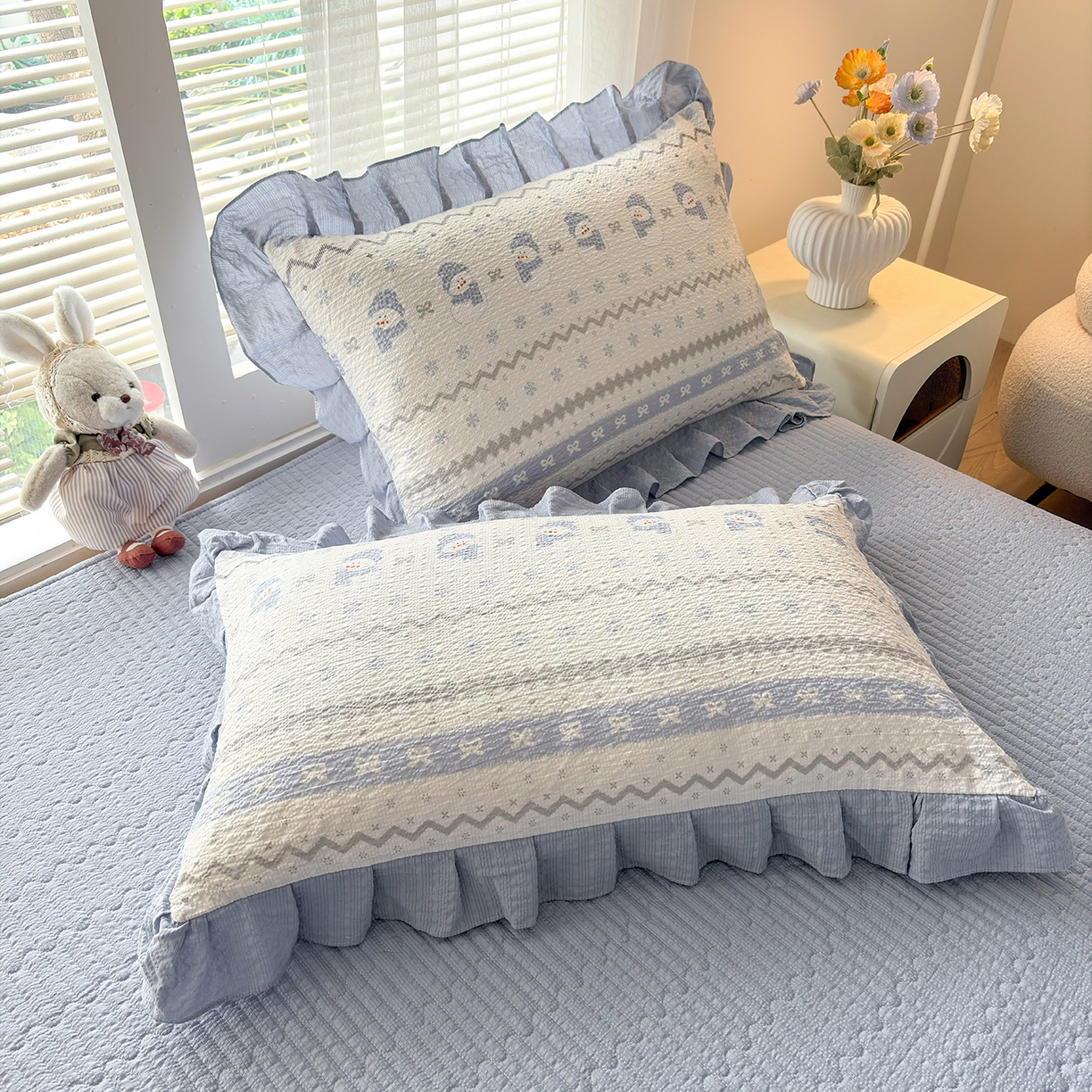 91家纺网 家纺一手货源 找家纺 畅畅家纺 2026新款春夏小清新泡芙双层纱床盖款四件套 小雪人-蓝