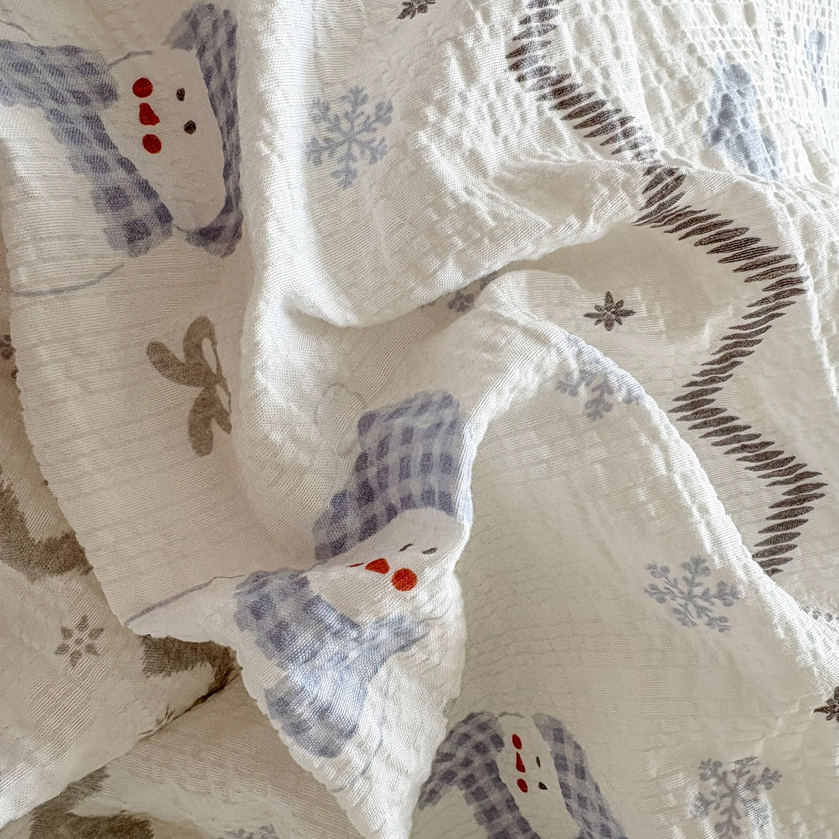 91家纺网 家纺一手货源 找家纺 畅畅家纺 2026新款春夏小清新泡芙双层纱床盖款四件套 小雪人-蓝