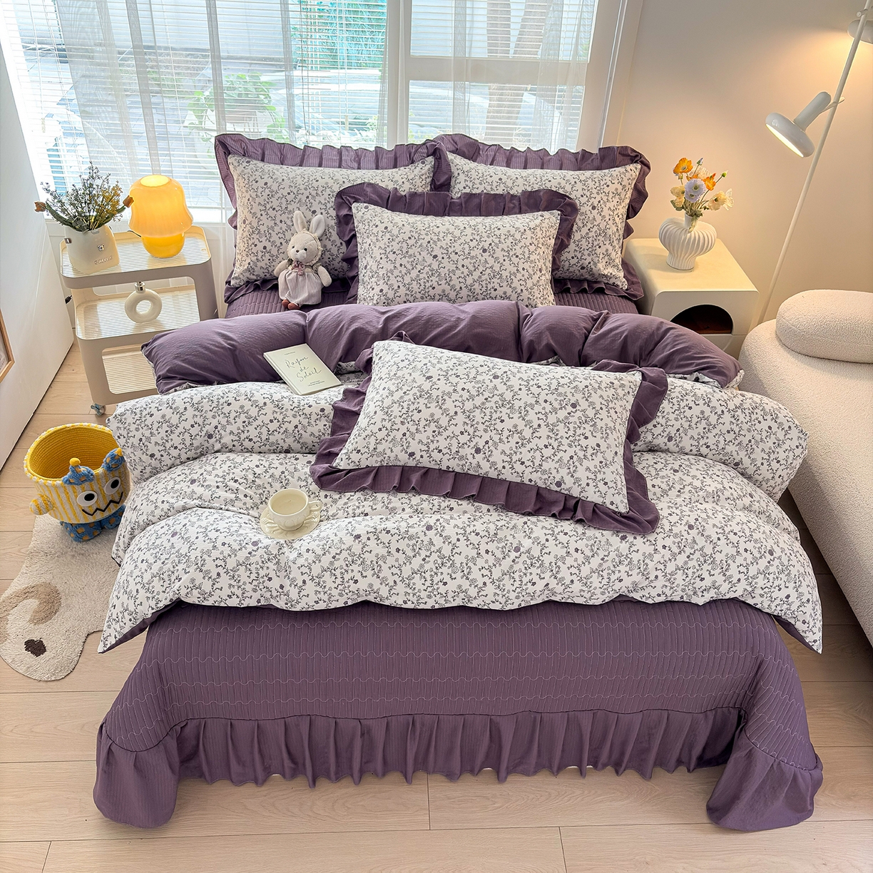 91家纺网 家纺一手货源 找家纺 畅畅家纺 2026新款春夏小清新泡芙双层纱床盖款四件套 晨雾花园