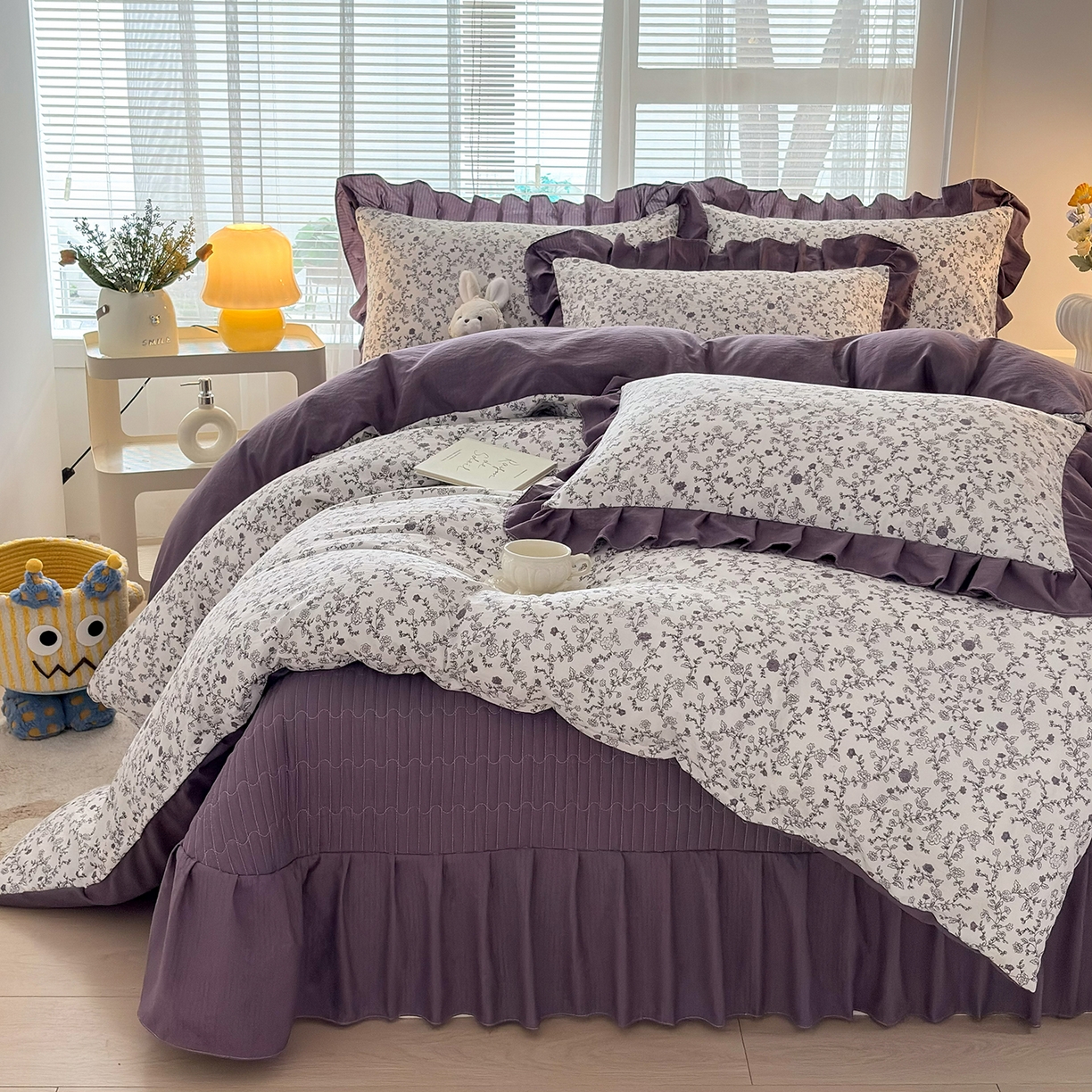 91家纺网 家纺一手货源 找家纺 畅畅家纺 2026新款春夏小清新泡芙双层纱床盖款四件套 晨雾花园