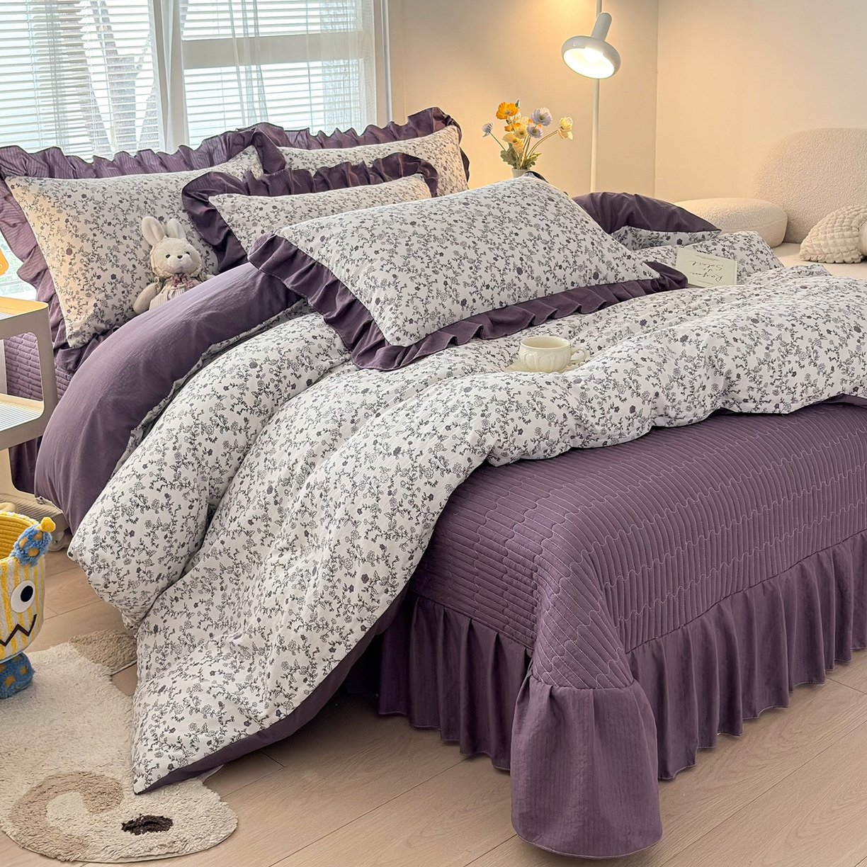 91家纺网 家纺一手货源 找家纺 畅畅家纺 2026新款春夏小清新泡芙双层纱床盖款四件套 晨雾花园