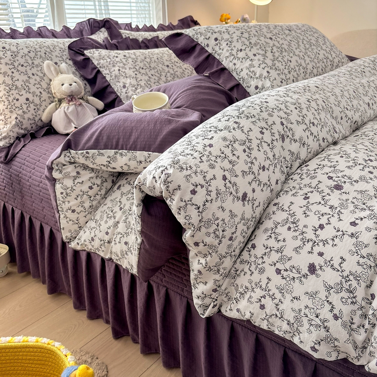 畅畅家纺 2026新款春夏小清新泡芙双层纱床盖款四件套 晨雾花园