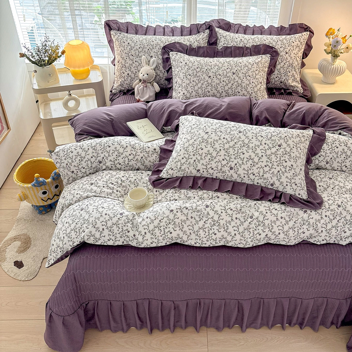 91家纺网 家纺一手货源 找家纺 畅畅家纺 2026新款春夏小清新泡芙双层纱床盖款四件套 晨雾花园