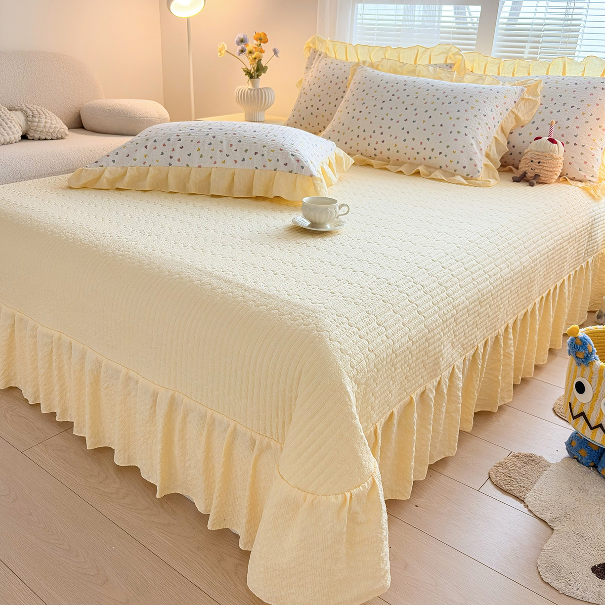 91家纺网 家纺一手货源 找家纺 畅畅家纺 2026新款春夏小清新泡芙双层纱床盖款四件套 心心相印