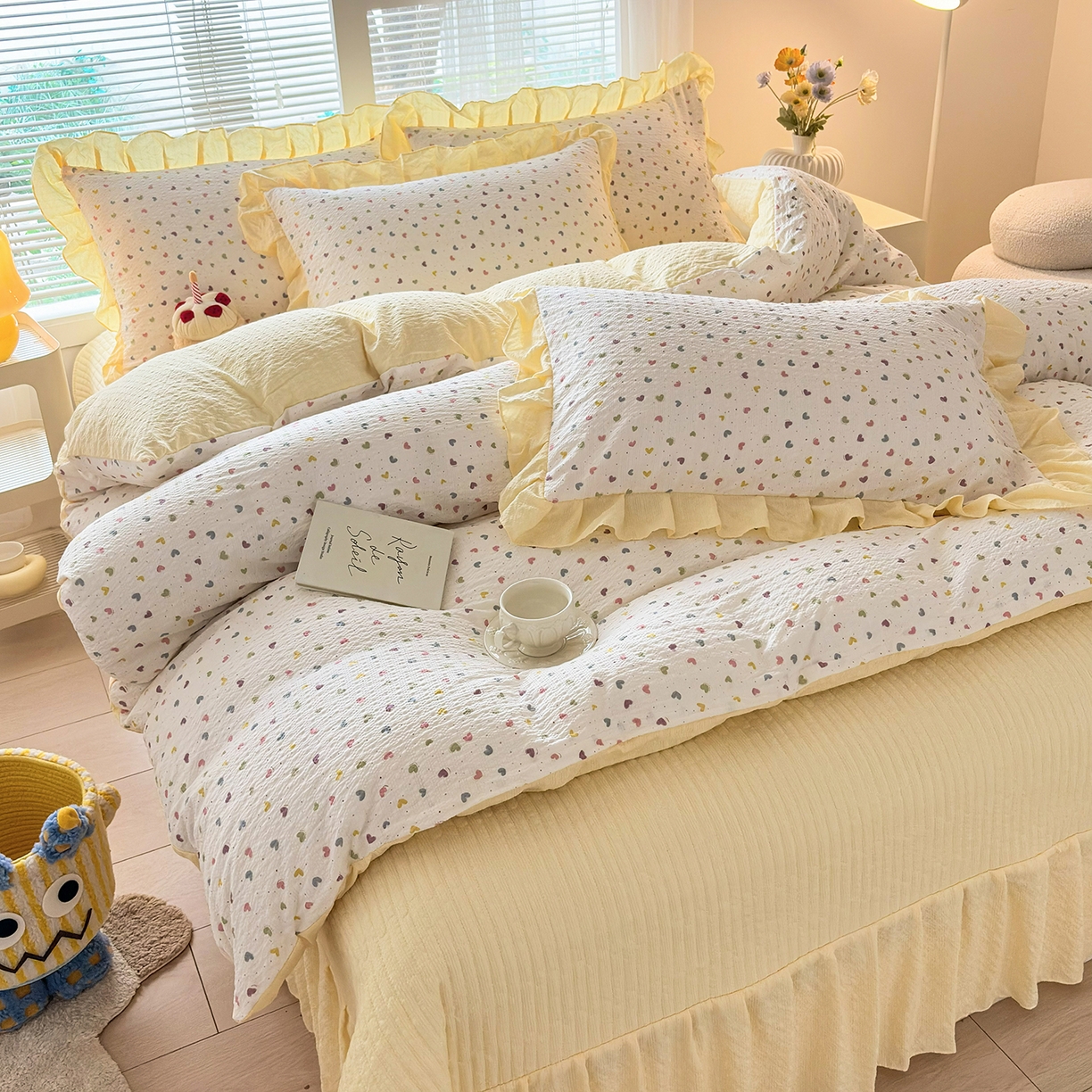 91家纺网 家纺一手货源 找家纺 畅畅家纺 2026新款春夏小清新泡芙双层纱床盖款四件套 心心相印