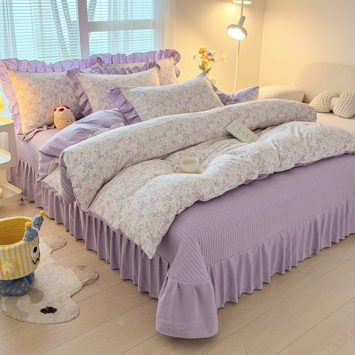 91家纺网 家纺一手货源 找家纺 畅畅家纺 2026新款春夏小清新泡芙双层纱床盖款四件套 水彩玫瑰