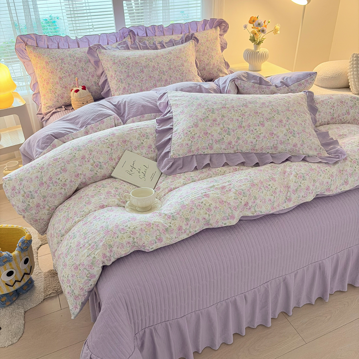 91家纺网 家纺一手货源 找家纺 畅畅家纺 2026新款春夏小清新泡芙双层纱床盖款四件套 水彩玫瑰