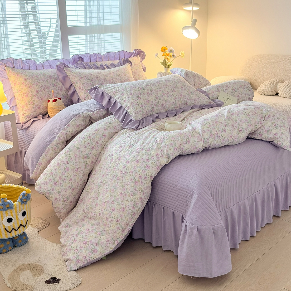 91家纺网 家纺一手货源 找家纺 畅畅家纺 2026新款春夏小清新泡芙双层纱床盖款四件套 水彩玫瑰