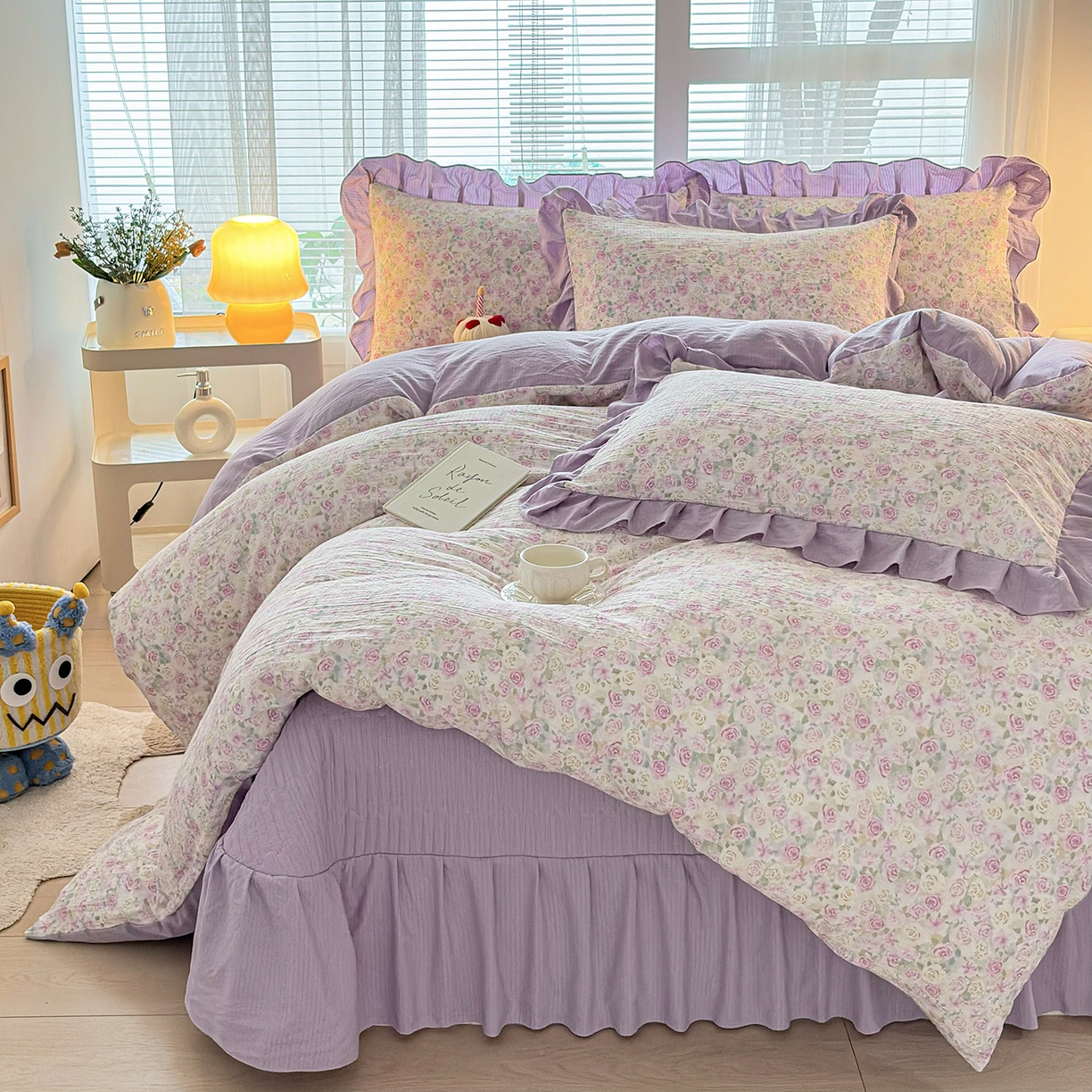 91家纺网 家纺一手货源 找家纺 畅畅家纺 2026新款春夏小清新泡芙双层纱床盖款四件套 水彩玫瑰