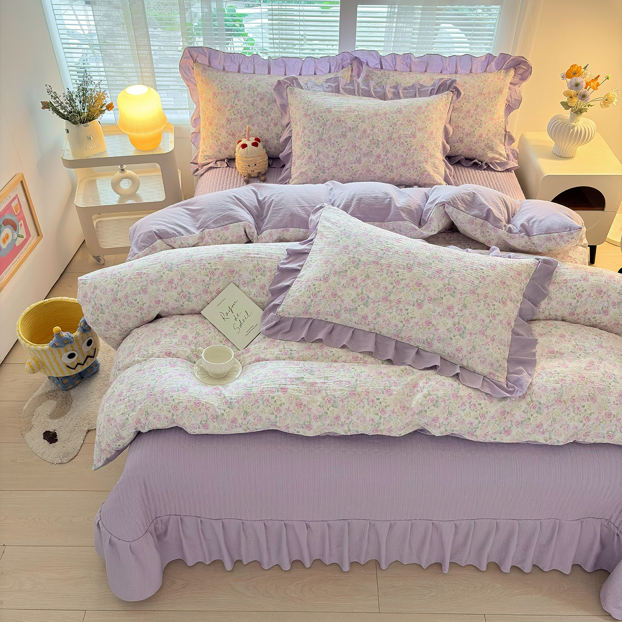 91家纺网 家纺一手货源 找家纺 畅畅家纺 2026新款春夏小清新泡芙双层纱床盖款四件套 水彩玫瑰