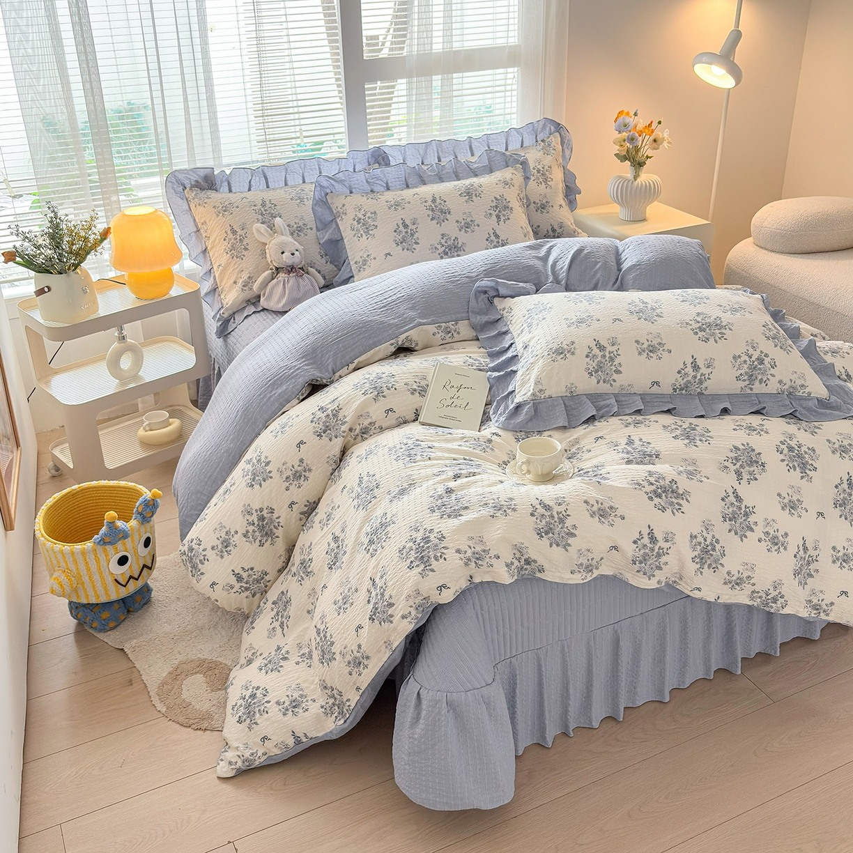 91家纺网 家纺一手货源 找家纺 畅畅家纺 2026新款春夏小清新泡芙双层纱床盖款四件套 仲夏之梦