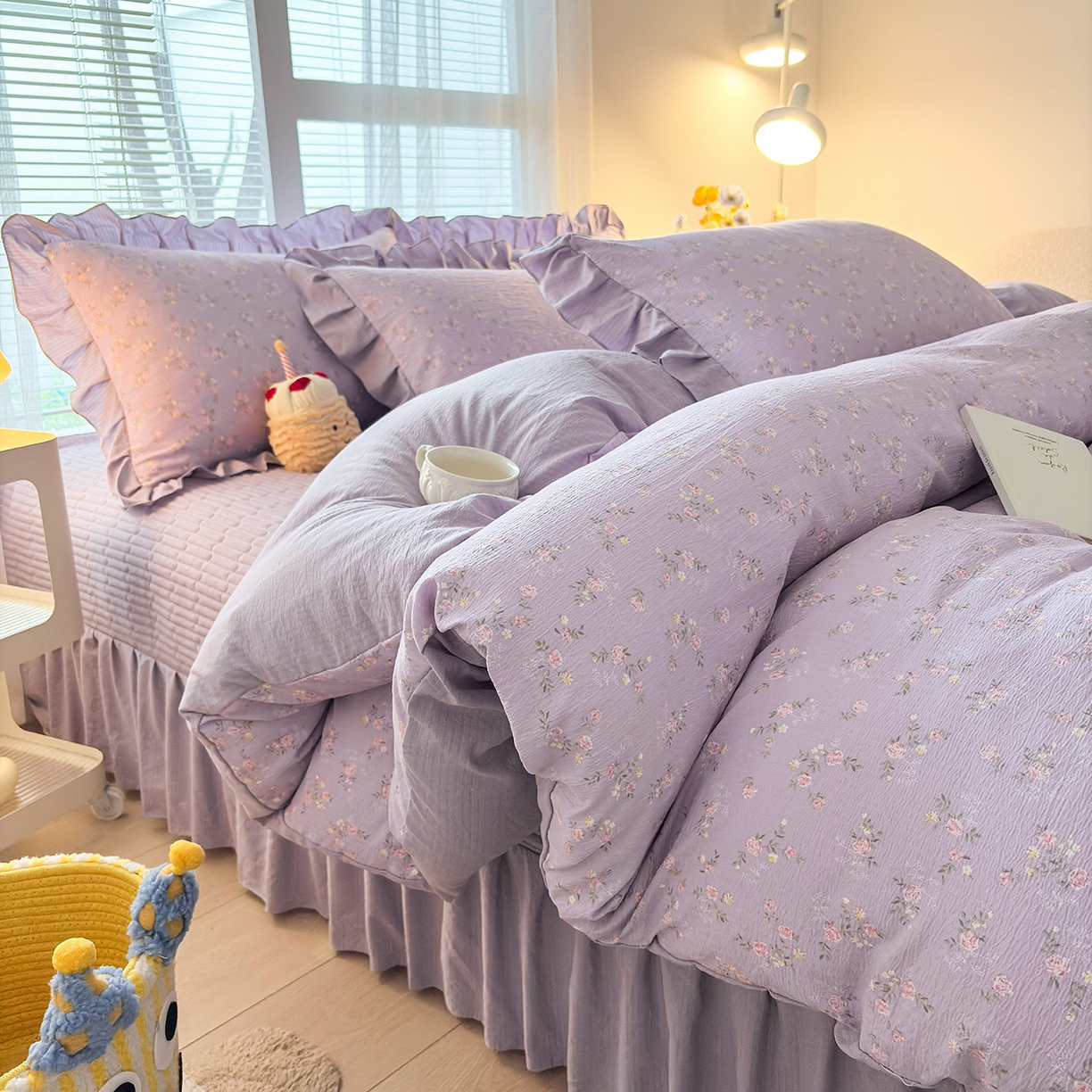 畅畅家纺 2026新款春夏小清新泡芙双层纱床盖款四件套 紫梦花语