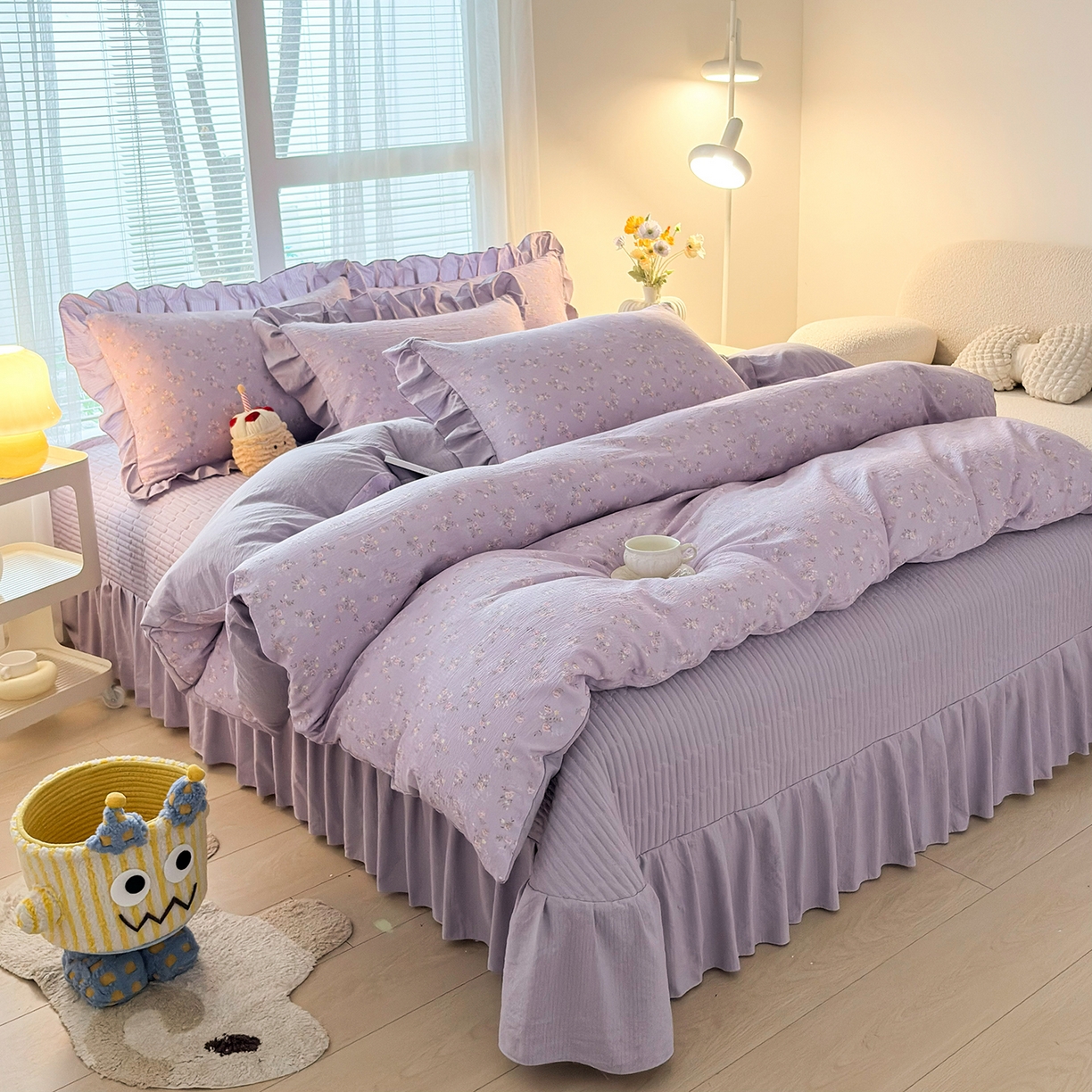 91家纺网 家纺一手货源 找家纺 畅畅家纺 2026新款春夏小清新泡芙双层纱床盖款四件套 紫梦花语