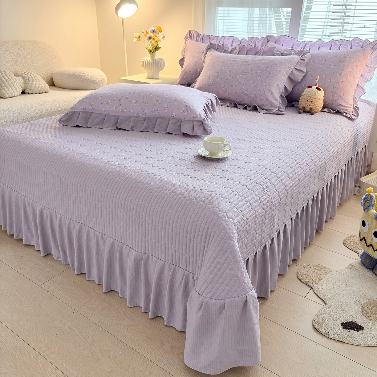 91家纺网 家纺一手货源 找家纺 畅畅家纺 2026新款春夏小清新泡芙双层纱床盖款四件套 紫梦花语