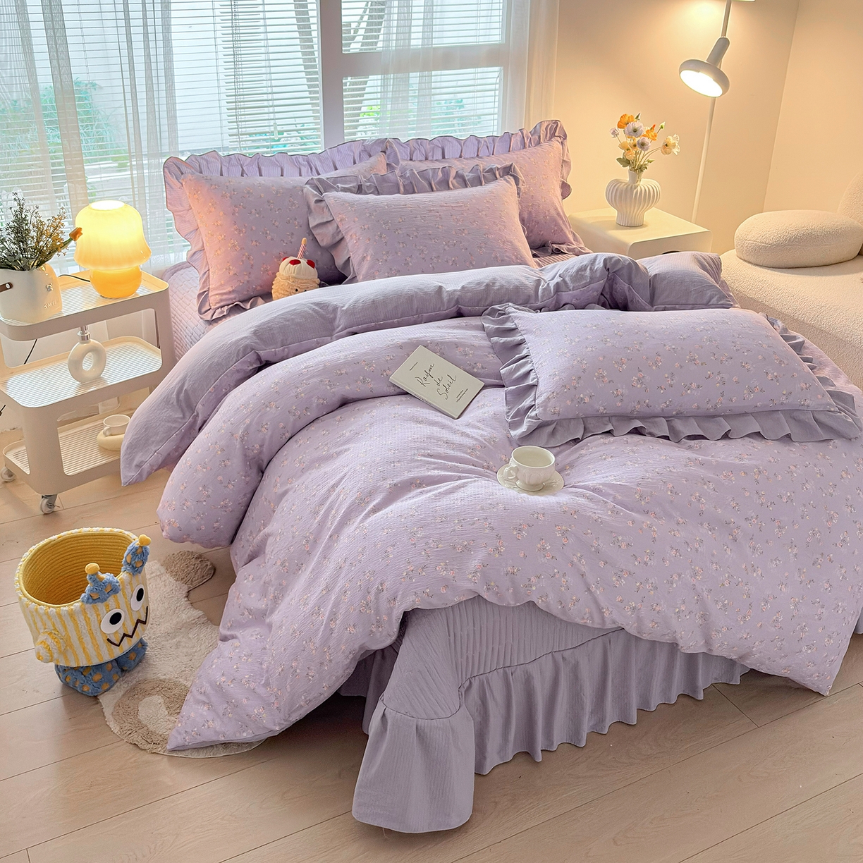 91家纺网 家纺一手货源 找家纺 畅畅家纺 2026新款春夏小清新泡芙双层纱床盖款四件套 紫梦花语