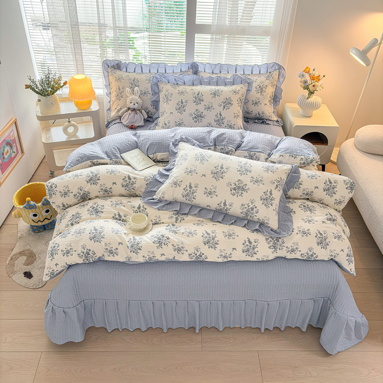 91家纺网 家纺一手货源 找家纺 畅畅家纺 2026新款春夏小清新泡芙双层纱床盖款四件套 仲夏之梦