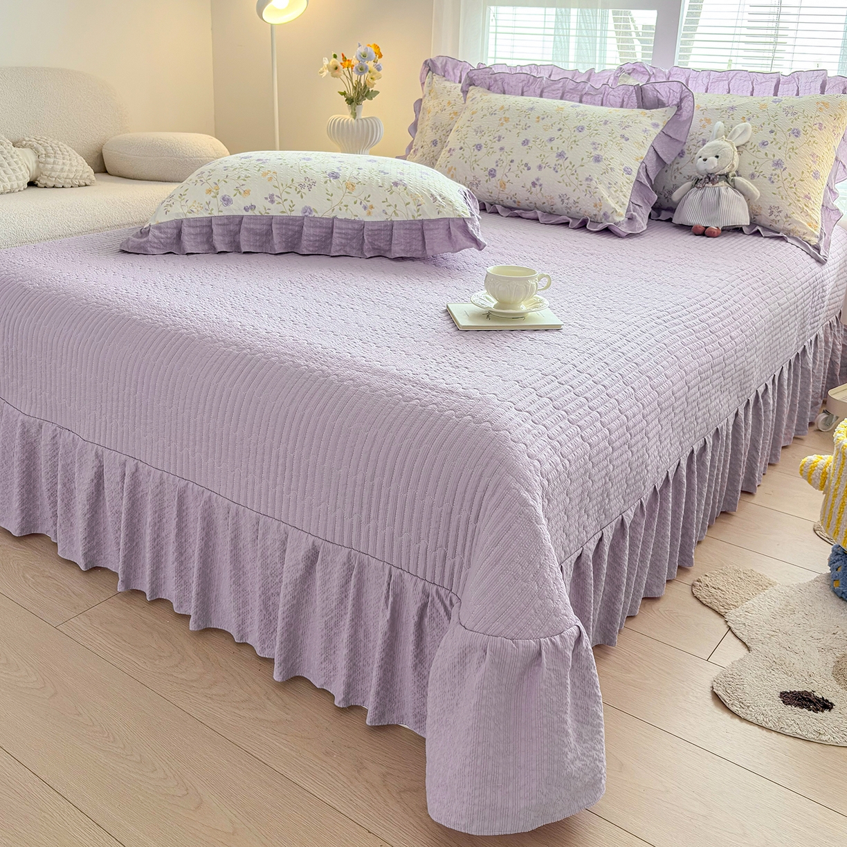 91家纺网 家纺一手货源 找家纺 畅畅家纺 2026新款春夏小清新泡芙双层纱床盖款四件套 紫薇花开