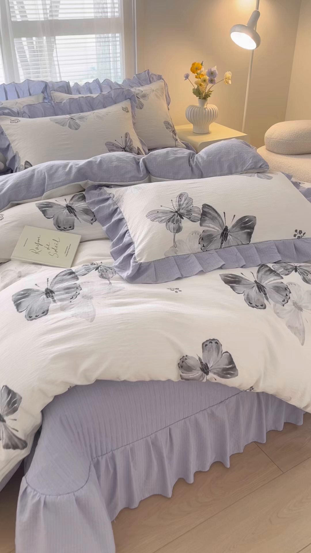 91家纺网 家纺一手货源 找家纺 畅畅家纺 2026新款春夏小清新泡芙双层纱床盖款四件套 蝴蝶飞舞