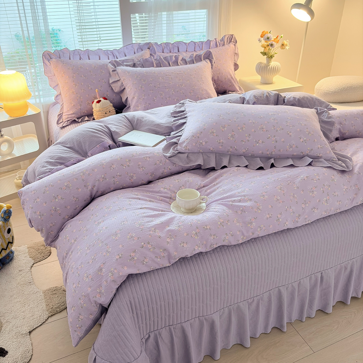 91家纺网 家纺一手货源 找家纺 畅畅家纺 2026新款春夏小清新泡芙双层纱床盖款四件套 紫梦花语