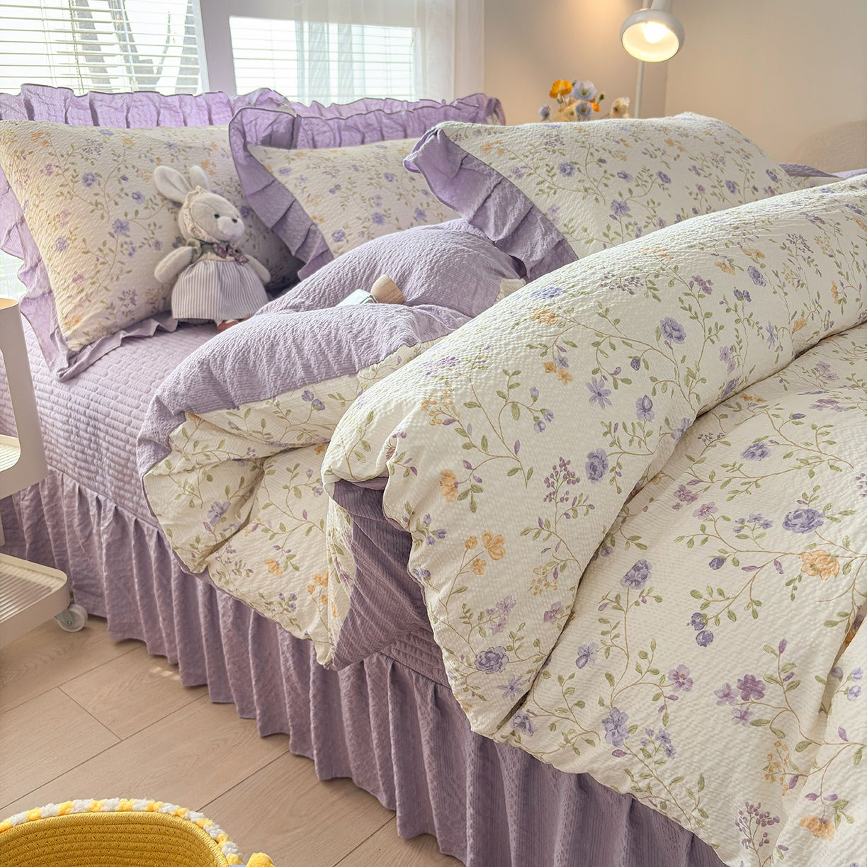 畅畅家纺 2026新款春夏小清新泡芙双层纱床盖款四件套 紫薇花开