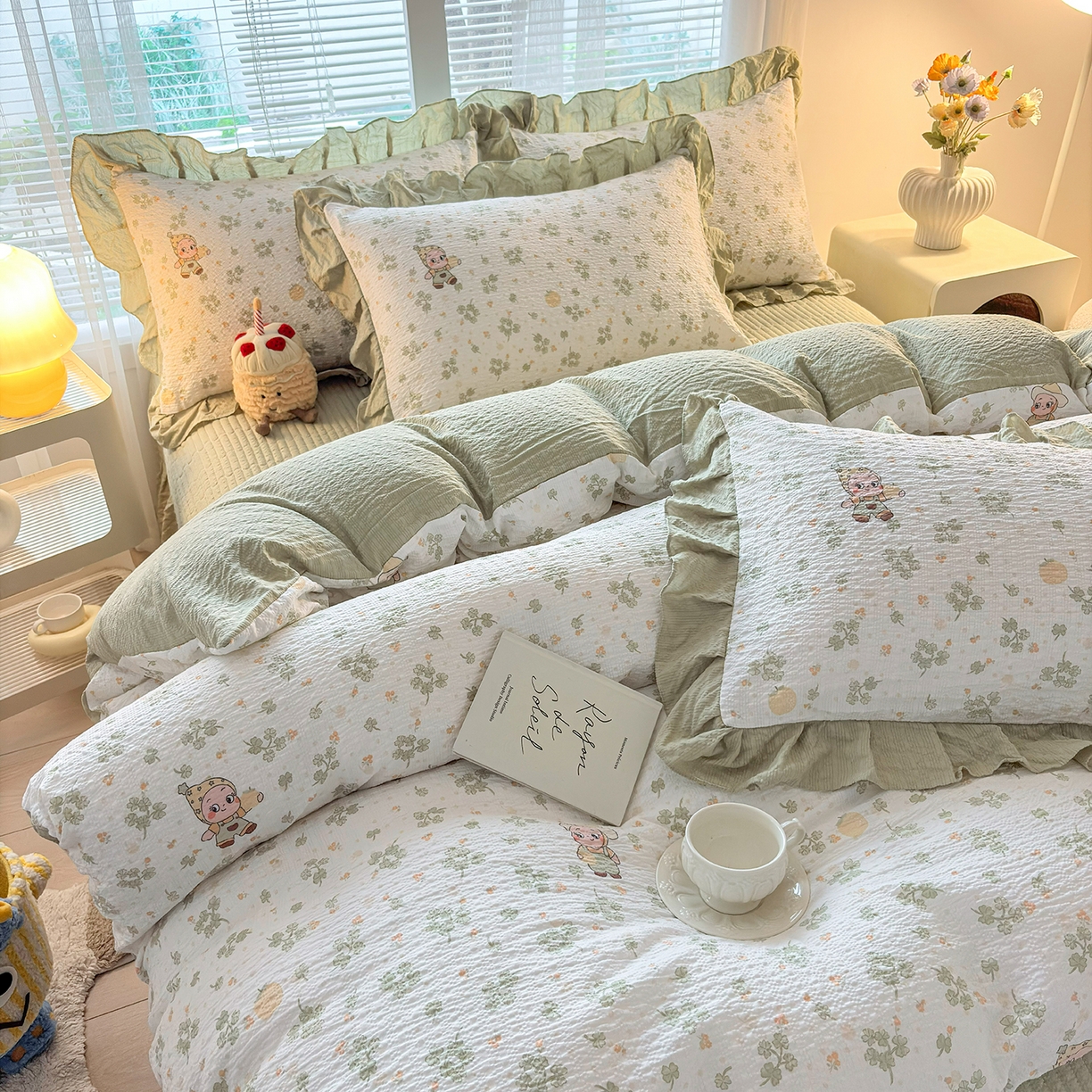 91家纺网 家纺一手货源 找家纺 畅畅家纺 2026新款春夏小清新泡芙双层纱床盖款四件套 幸运星