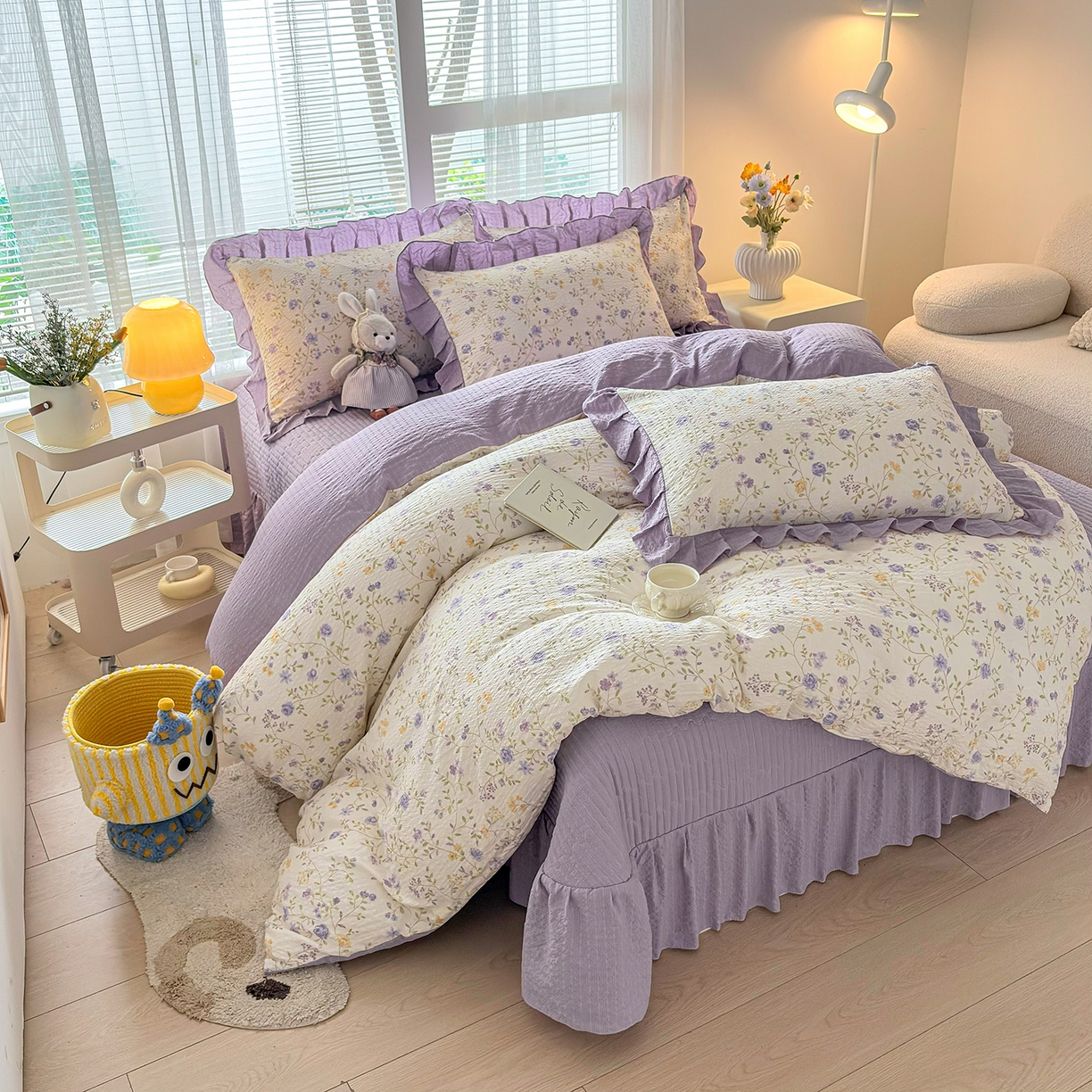 91家纺网 家纺一手货源 找家纺 畅畅家纺 2026新款春夏小清新泡芙双层纱床盖款四件套 紫薇花开