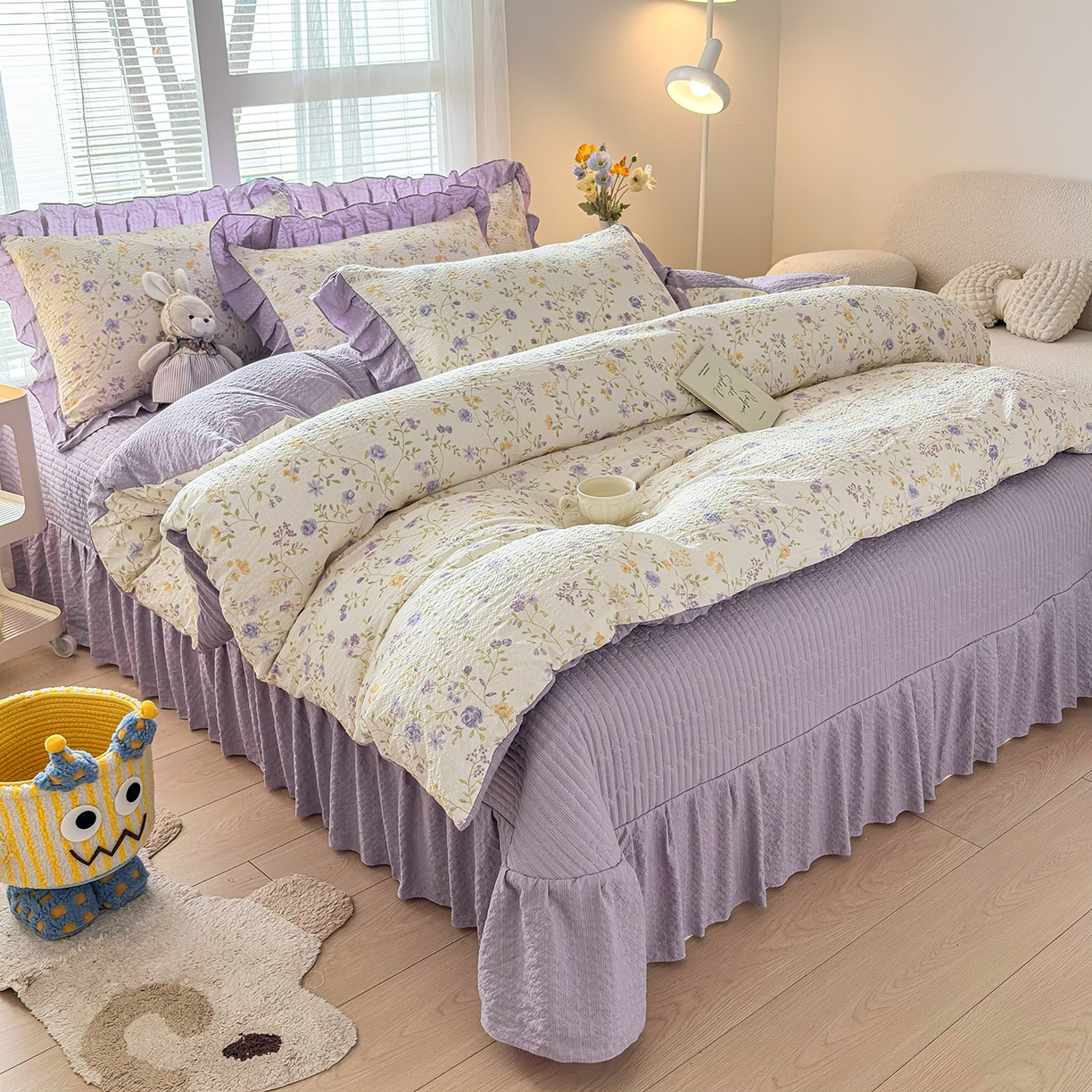 91家纺网 家纺一手货源 找家纺 畅畅家纺 2026新款春夏小清新泡芙双层纱床盖款四件套 紫薇花开