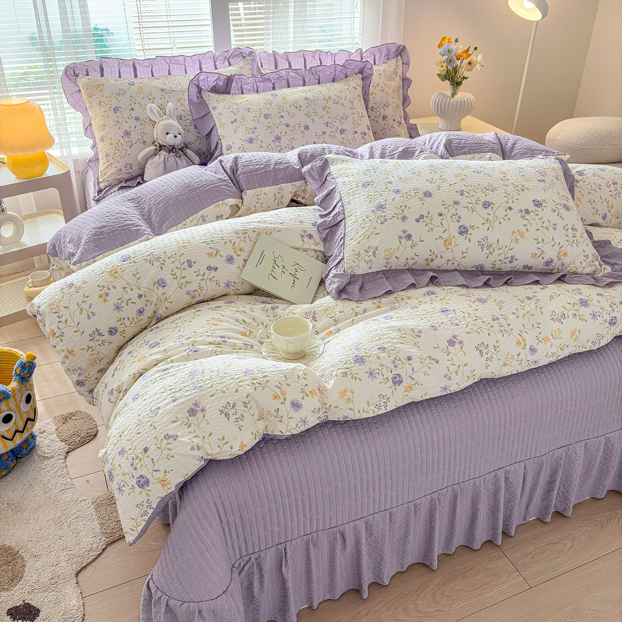 91家纺网 家纺一手货源 找家纺 畅畅家纺 2026新款春夏小清新泡芙双层纱床盖款四件套 紫薇花开