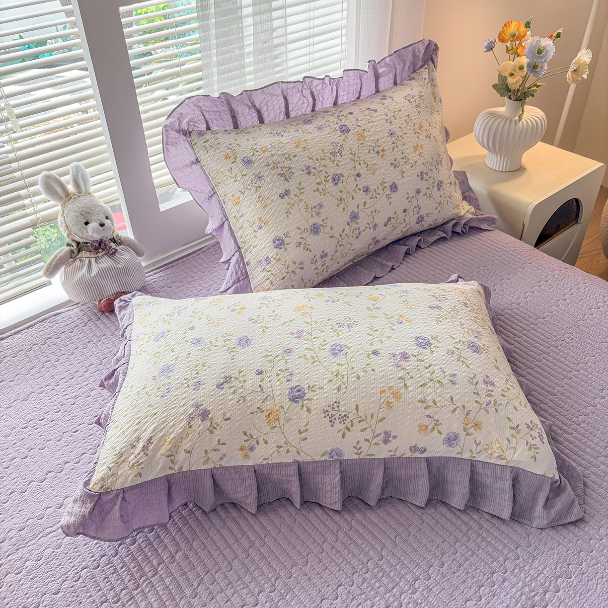 91家纺网 家纺一手货源 找家纺 畅畅家纺 2026新款春夏小清新泡芙双层纱床盖款四件套 紫薇花开