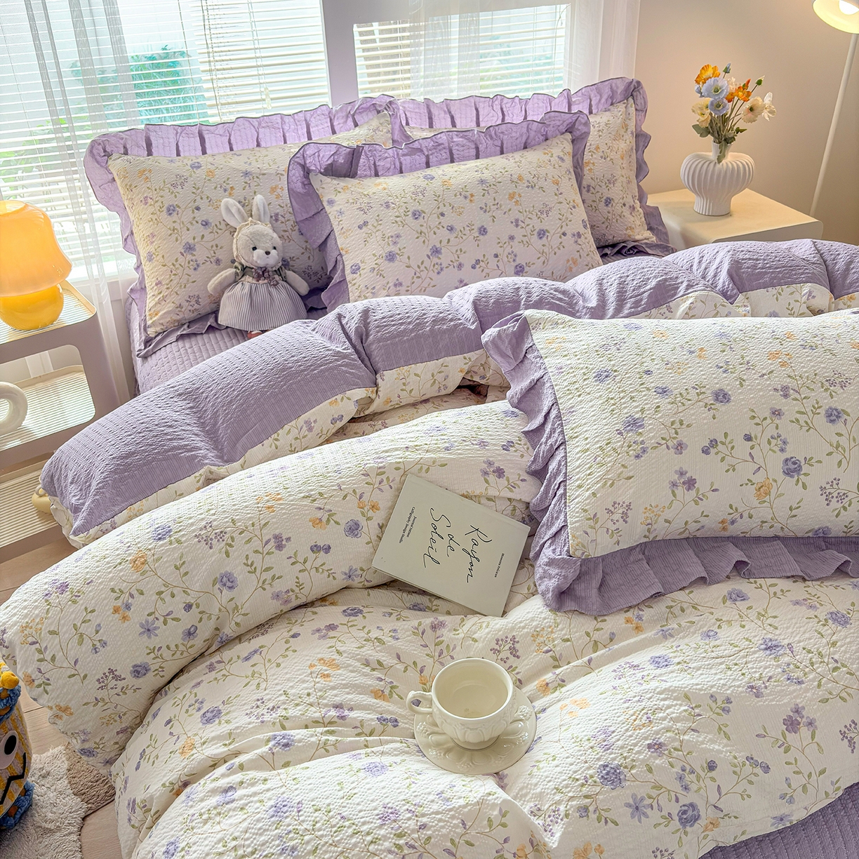 91家纺网 家纺一手货源 找家纺 畅畅家纺 2026新款春夏小清新泡芙双层纱床盖款四件套 紫薇花开