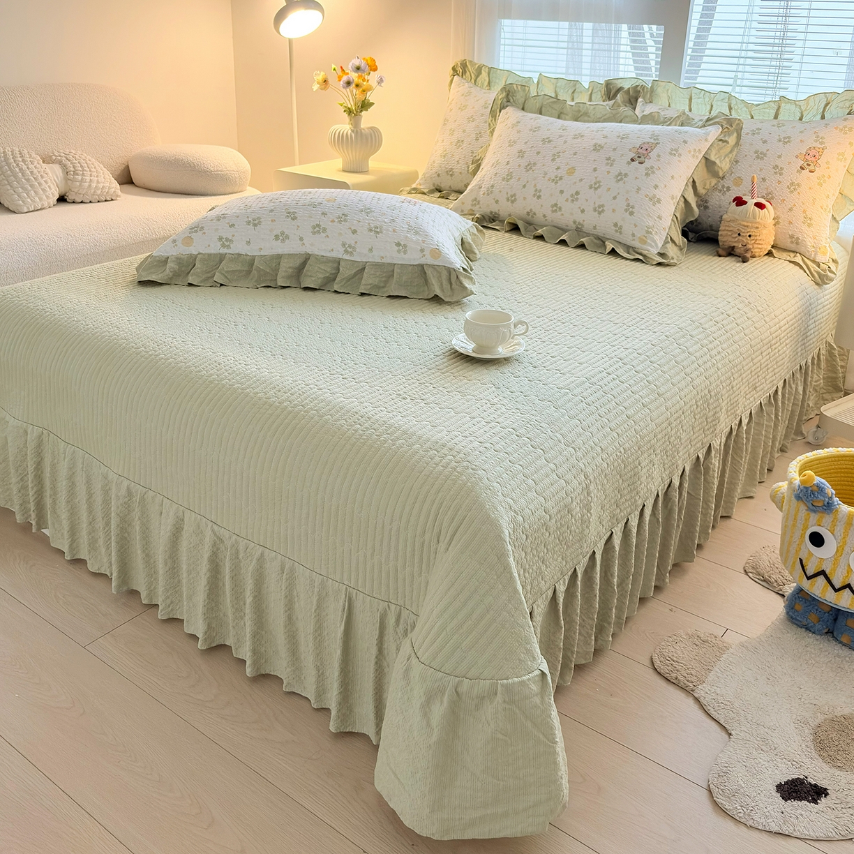 91家纺网 家纺一手货源 找家纺 畅畅家纺 2026新款春夏小清新泡芙双层纱床盖款四件套 幸运星