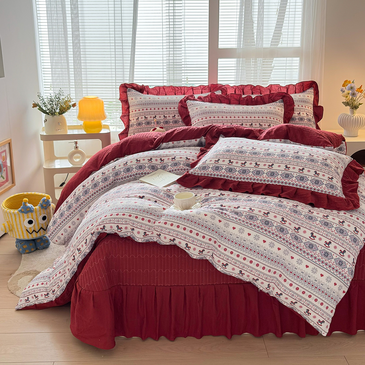 91家纺网 家纺一手货源 找家纺 畅畅家纺 2026新款春夏小清新泡芙双层纱床盖款四件套 爱心小马