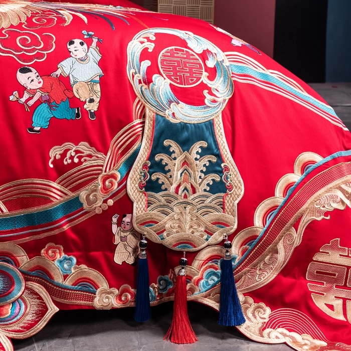 91家纺网 家纺一手货源 找家纺 （总）慕她家纺 2026年全棉纯棉婚庆四件套大红色刺绣结床上用品（床盖款加40）